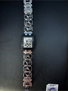 Swatch Black and Silver Floral Link Bracelet Watch